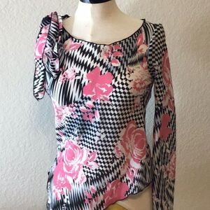 XOXO Top Small Pink Black Vintage Y2K Asymmetrical Scarf Tie Shoulder Semi Sheer